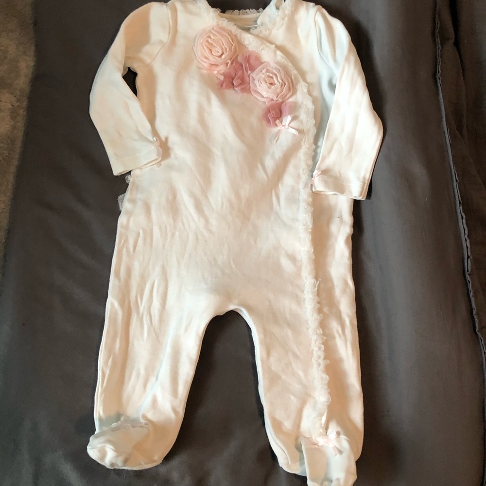 Edgehill Collection Onsie Sleeper in White with Pink Rosette Details